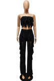 Black Fashion Sexy Solid Patchwork See-through Flounce Strapless Sleeveless Two Pieces