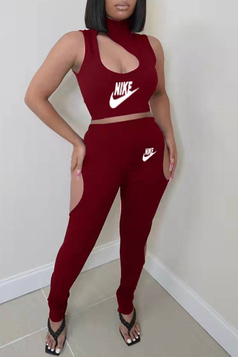 

Burgundy Fashion Casual Print Split Joint O Neck Sleeveless Two Pieces