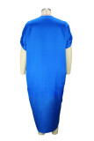 Blauwe mode casual plus size effen asymmetrische v-hals jurk met korte mouwen