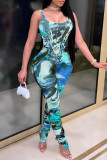 Blue Sexy Casual Print Patchwork Backless U Neck Skinny Jumpsuits