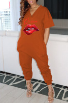 Orange Fashion Casual Print Basic V-Ausschnitt Regular Jumpsuits