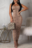 Koffie Sexy Casual Solid Backless Fold Strapless Lange Jurk