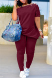 Burgundy Fashion Casual Solid Patchwork Oblique Collar Short Sleeve Two Pieces