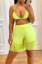 Fluorescent Green Sexy Solid Tassel Patchwork Halter Sleeveless Two Pieces