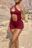 Dark Red Sexy Casual Solid Hollowed Out Backless One Shoulder Skinny Romper