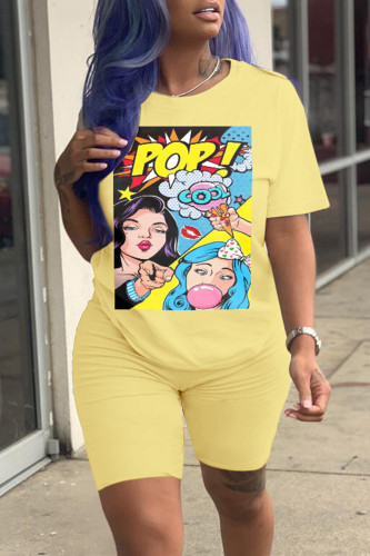 Yellow Fashion Casual Print Basic O Neck Short Sleeve Two Pieces