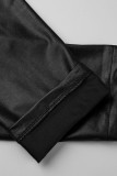 Schwarze, lässige, solide Patchwork-Hose mit hoher Taille und einfarbigem Bleistift