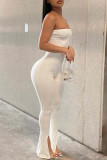 Pink Sexy Casual Solid Backless Slit Strapless Skinny Jumpsuits