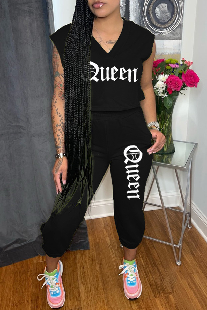 Black Fashion Casual Letter Print Basic V Neck Sleeveless Two Pieces