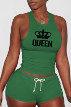 Зеленый Повседневная спортивная одежда С принтом Пэчворк U-образный вырез Без рукавов Из двух частей