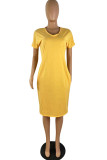 Желтое модное повседневное однотонное базовое платье с v-образным вырезом и коротким рукавом