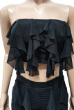 Black Fashion Sexy Solid Patchwork See-through Flounce Strapless Sleeveless Two Pieces
