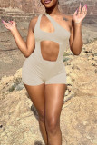 Apricot Sexy Casual Solid Hollowed Out Backless One Shoulder Skinny Romper