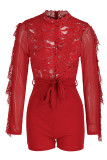 Red Sexy Solid Hollowed Out Patchwork See-through Half A Turtleneck Regular Rompers