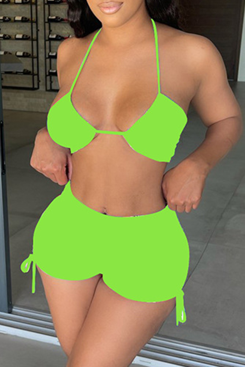 

Green Fashion Sexy Solid Bandage Backless Halter Sleeveless Two Pieces