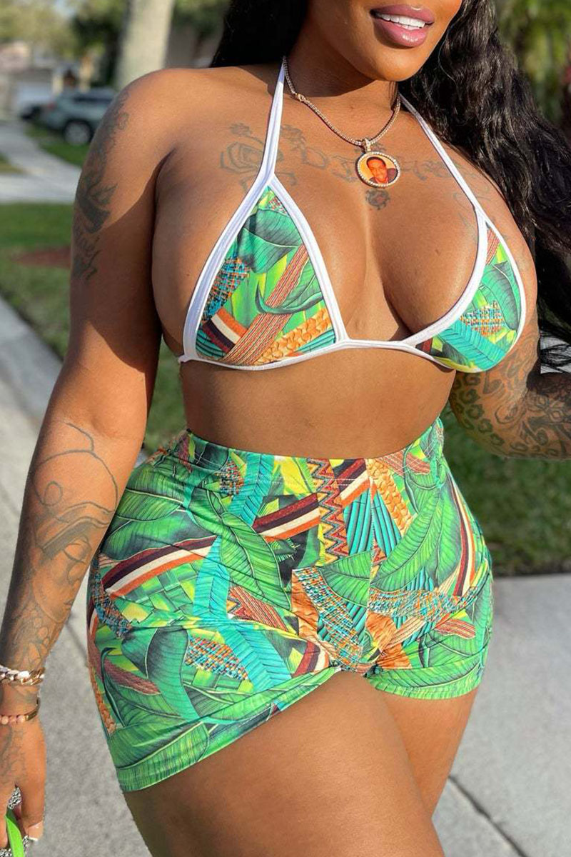 

Green Sexy Print Split Joint Frenulum Backless Halter Sleeveless Two Pieces