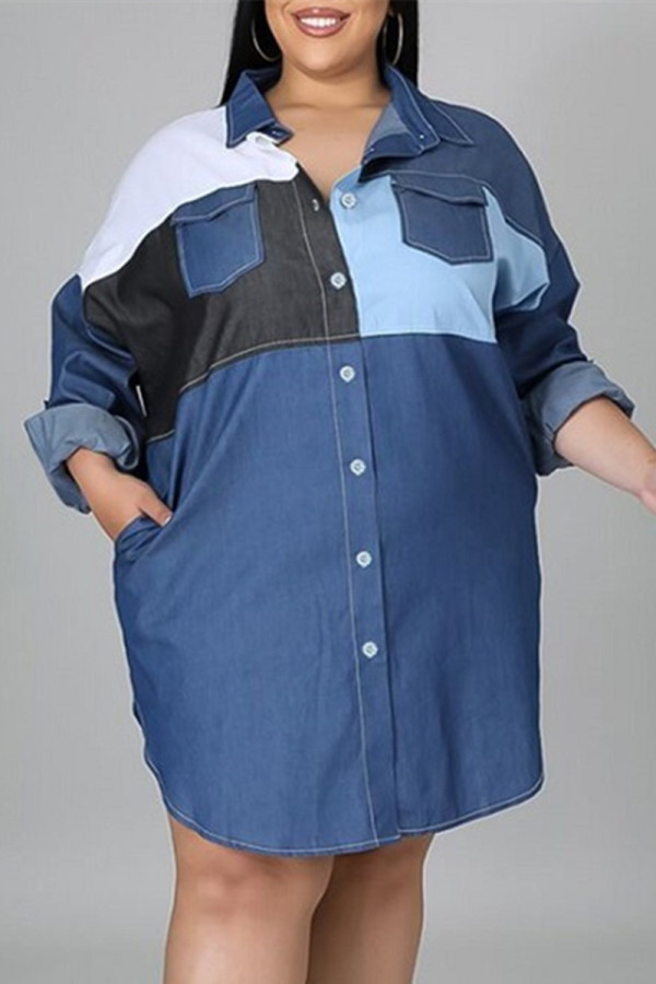 Blau Mode Lässig Patchwork Basic Umlegekragen Hemdkleid Kleider