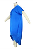 Blaues, modisches, lässiges, festes, asymmetrisches Kleid mit V-Ausschnitt und kurzen Ärmeln in Übergröße