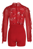 Red Sexy Solid Hollowed Out Patchwork See-through Half A Turtleneck Regular Rompers