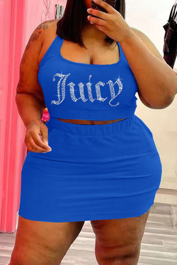 Blau Sexy Casual Letter Hot Drilling Basic U-Ausschnitt Plus Size Two Pieces