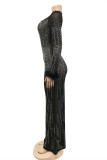 Черное модное сексуальное лоскутное горячее сверление прозрачное платье с круглым вырезом и длинным рукавом