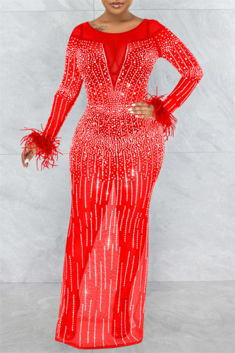 Red Fashion Sexy Patchwork Hot Drilling See-through O Neck Long Sleeve Dresses