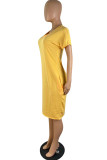 Vestido de manga corta con cuello en V básico sólido casual de moda amarillo