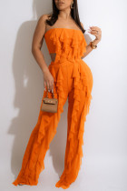 Oranje mode sexy effen patchwork doorzichtige volant strapless mouwloze twee stukken
