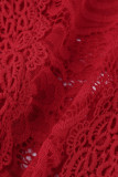 Macacão regular vermelho sexy sólido escavado patchwork transparente meia gola alta