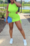 Fluorescent Green Sexy Solid Hollowed Out O Neck Pencil Skirt Dresses