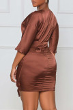 ブラウンネスカジュアルソリッド包帯パッチワークOネックワンステップスカートプラスサイズドレス