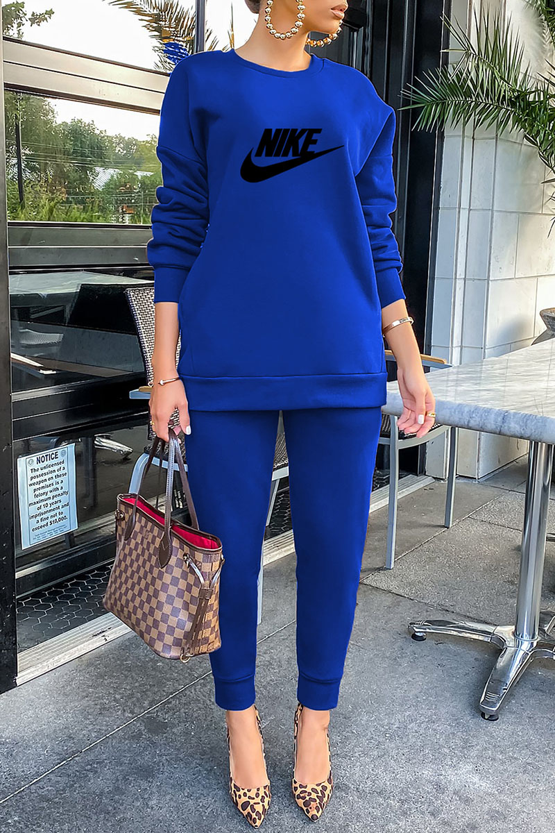 

Blue Fashion Elegant Print Letter O Neck Long Sleeve Two Pieces