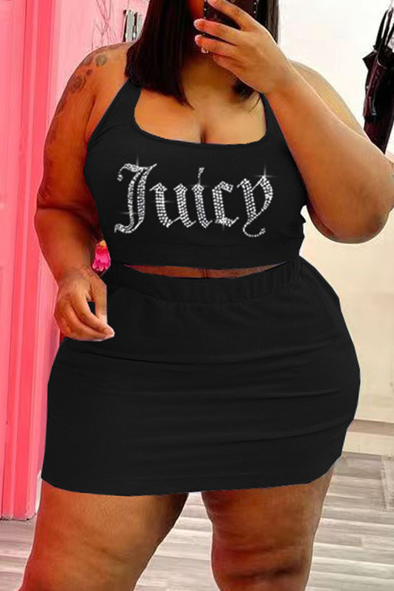 

Black Sexy Casual Letter Hot Drilling Basic U Neck Plus Size Two Pieces