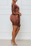 Brownness Casual Solid Bandage Patchwork O Neck One Step Skirt Plus Size Dresses