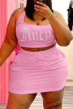 Pink Sexy Casual Letter Hot Drilling Basic U-Ausschnitt Plus Size Two Pieces
