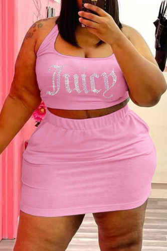 Pink Sexy Casual Letter Hot Drilling Basic U Neck Plus Size Two Pieces