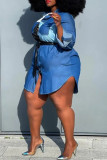 Синее модное повседневное платье-рубашка в стиле пэчворк с отложным воротником Платья Платья