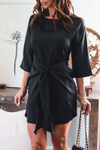 Черная повседневная однотонная бандажная лоскутная юбка с круглым вырезом и одной ступенькой Платья больших размеров