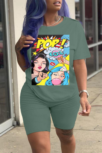 Green Fashion Casual Print Basic O Neck Short Sleeve Two Pieces