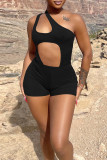 Black Sexy Casual Solid Hollowed Out Backless One Shoulder Skinny Romper