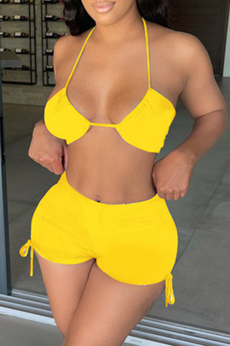 Yellow Fashion Sexy Solid Bandage Backless Halter Sleeveless Two Pieces