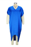 Blauwe mode casual plus size effen asymmetrische v-hals jurk met korte mouwen