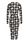 Brown Sexy Plaid Print Bandage Patchwork V Neck One Step Jupe Robes