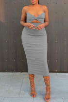 Grey Sexy Solid Patchwork Spaghetti Strap Sling Dress Dresses