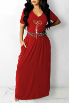 Röda Casual Print Patchwork V-hals raka klänningar