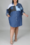 Синее модное повседневное платье-рубашка в стиле пэчворк с отложным воротником Платья Платья