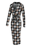 Brown Sexy Plaid Print Bandage Patchwork V Neck One Step Jupe Robes