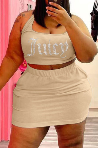 Apricot Sexy Casual Letter Hot Drilling Basic U Neck Plus Size Two Pieces