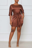 Brownness Casual Solid Bandage Patchwork O Neck One Step Skirt Plus Size Dresses