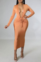 Tangerine Sexy Solide Patchwork-Kleider mit V-Ausschnitt und einstufigem Rock